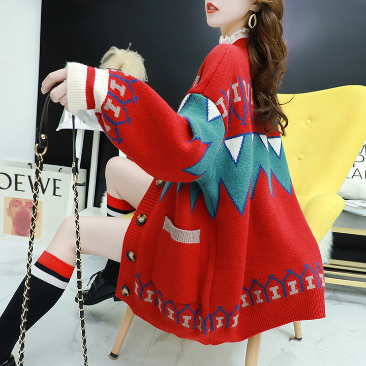 Damen Strickjacke mit farbenfrohem Design und großen Knöpfen Mirla-Eva Jonsson