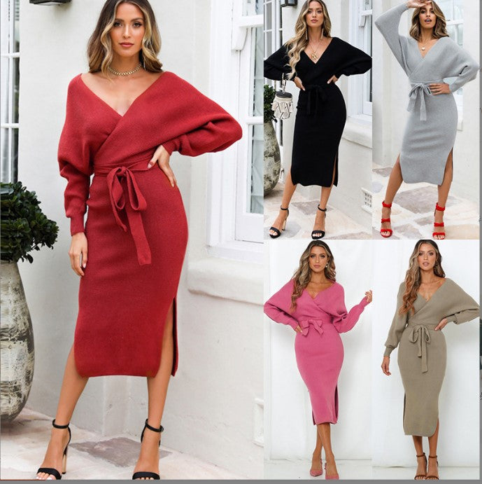 Damen Strickkleid mit Wickeloptik und seitlichem Schlitz Mirla-Eva Jonsson