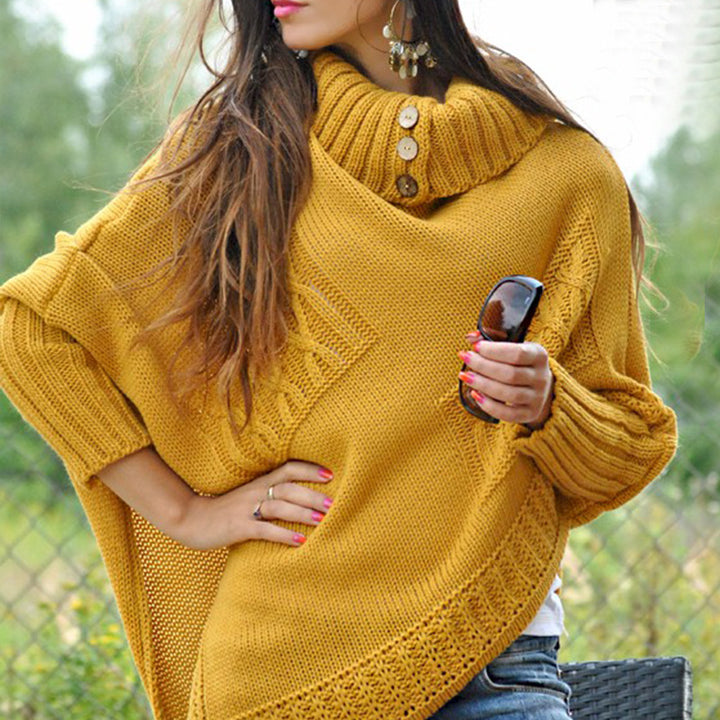 Damen Strickponcho mit hohem Kragen und Knopfdetails Mirla-Eva Jonsson