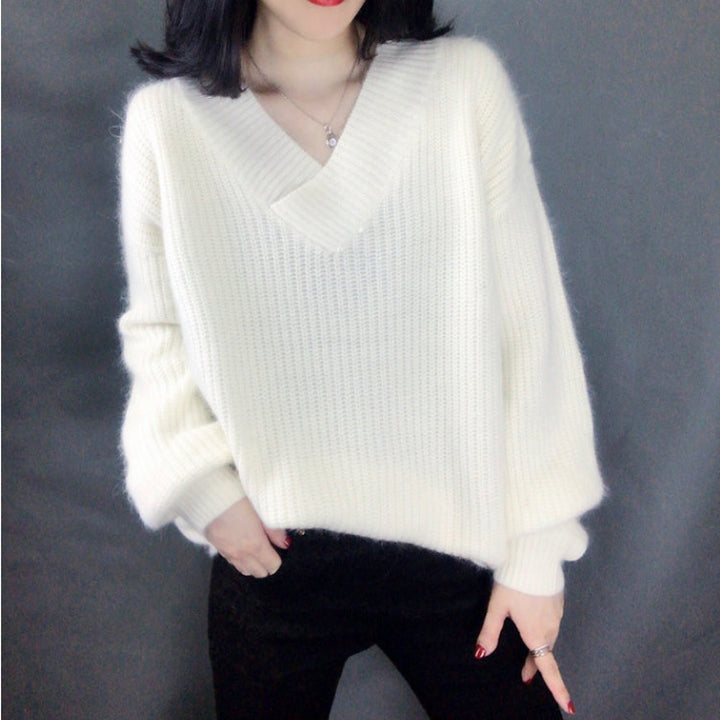 Damen Strickpullover mit V-Ausschnitt und voluminösen Ärmeln Mirla-Eva Jonsson