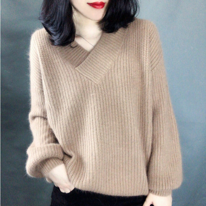 Damen Strickpullover mit V-Ausschnitt und voluminösen Ärmeln Mirla-Eva Jonsson