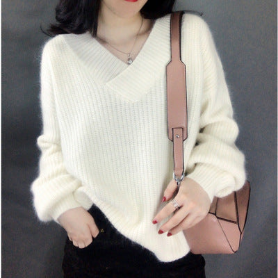Damen Strickpullover mit V-Ausschnitt und voluminösen Ärmeln Mirla-Eva Jonsson