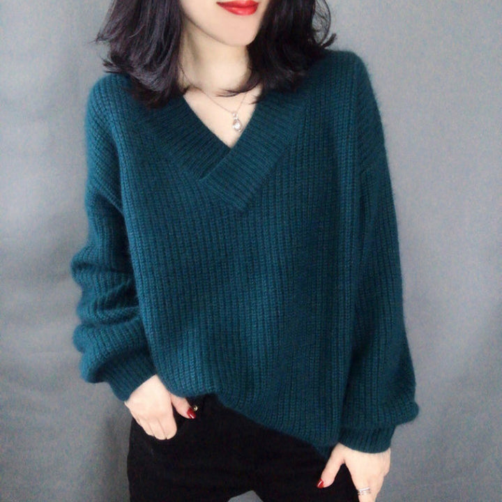 Damen Strickpullover mit V-Ausschnitt und voluminösen Ärmeln Mirla-Eva Jonsson