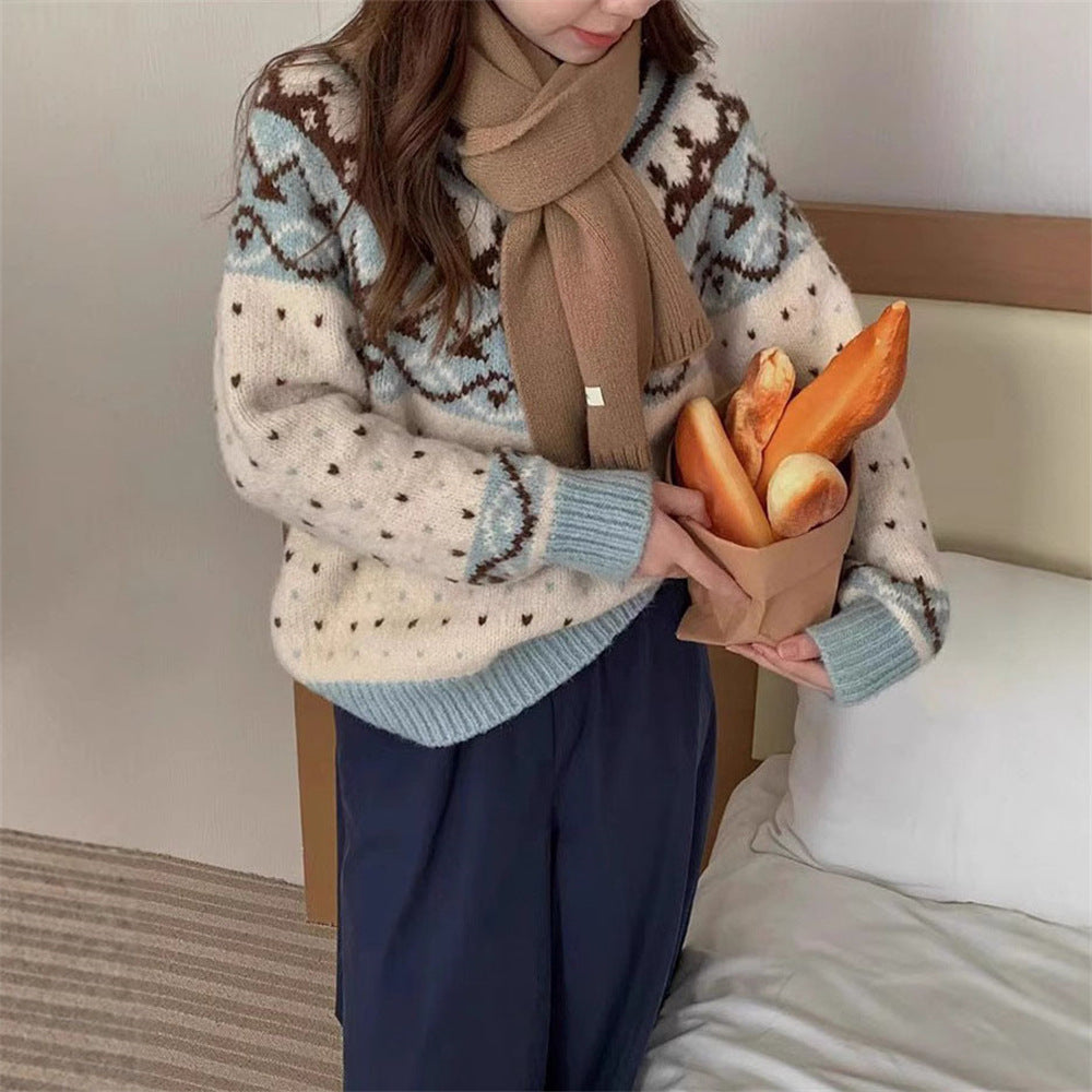 Damen Strickpullover mit grafischem Norweger-Muster und hohem Rundhalsausschnitt Mirla-Eva Jonsson