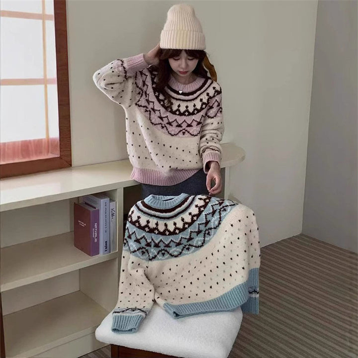 Damen Strickpullover mit grafischem Norweger-Muster und hohem Rundhalsausschnitt Mirla-Eva Jonsson