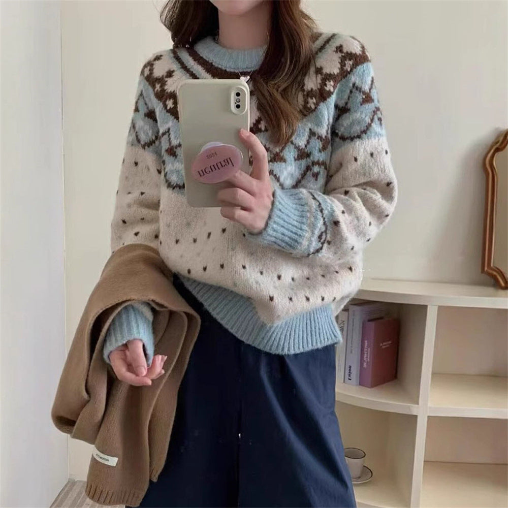 Damen Strickpullover mit grafischem Norweger-Muster und hohem Rundhalsausschnitt Mirla-Eva Jonsson