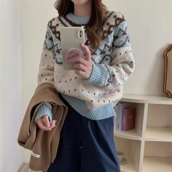 Damen Strickpullover mit grafischem Norweger-Muster und hohem Rundhalsausschnitt Mirla-Eva Jonsson