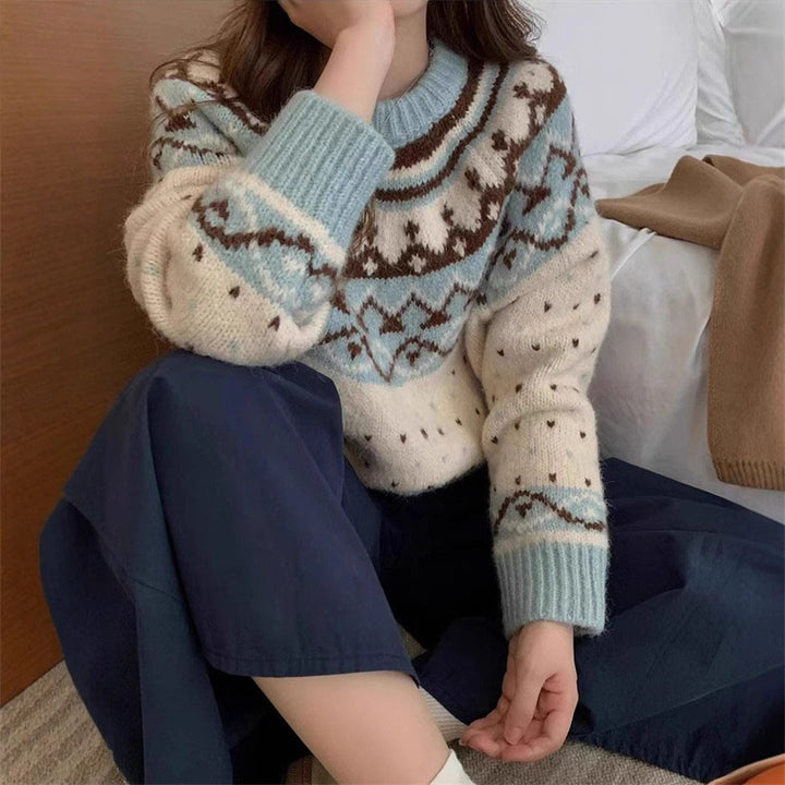 Damen Strickpullover mit grafischem Norweger-Muster und hohem Rundhalsausschnitt Mirla-Eva Jonsson