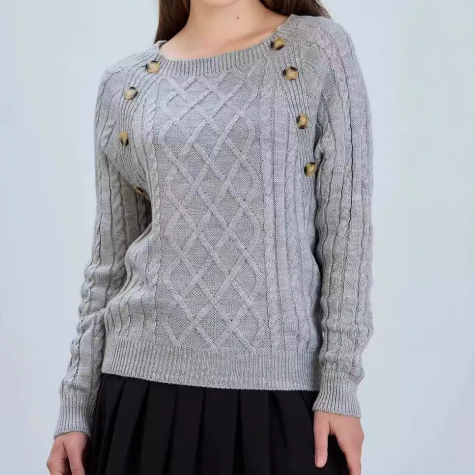 Damen Strickpullover mit klassischem Rautenmuster und dekorativen Knöpfen Mirla-Eva Jonsson