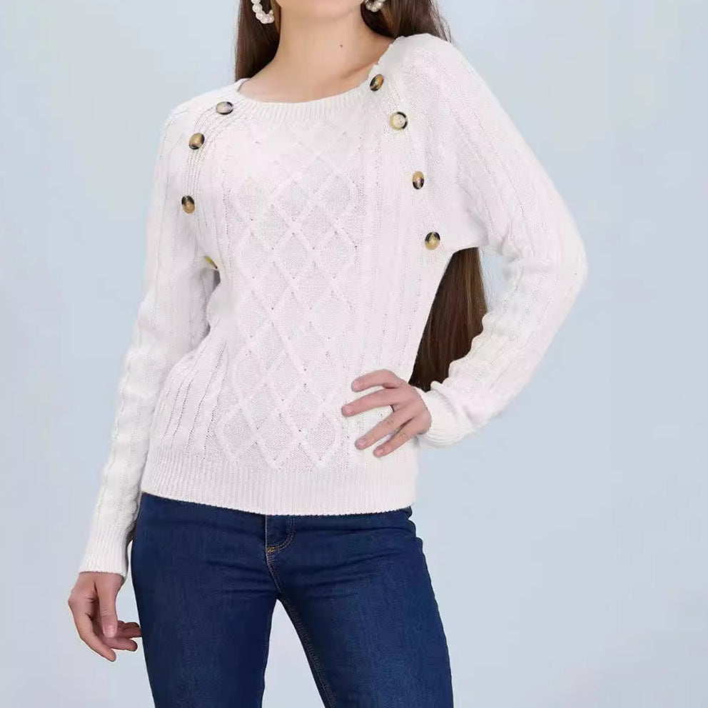 Damen Strickpullover mit klassischem Rautenmuster und dekorativen Knöpfen Mirla-Eva Jonsson