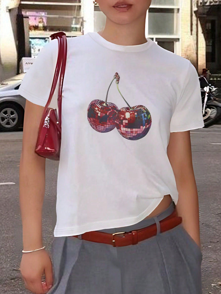 Damen T-shirt med kreativt körsbärsmotiv och glittrande glittringseffekt Mirla-Eva Jonsson