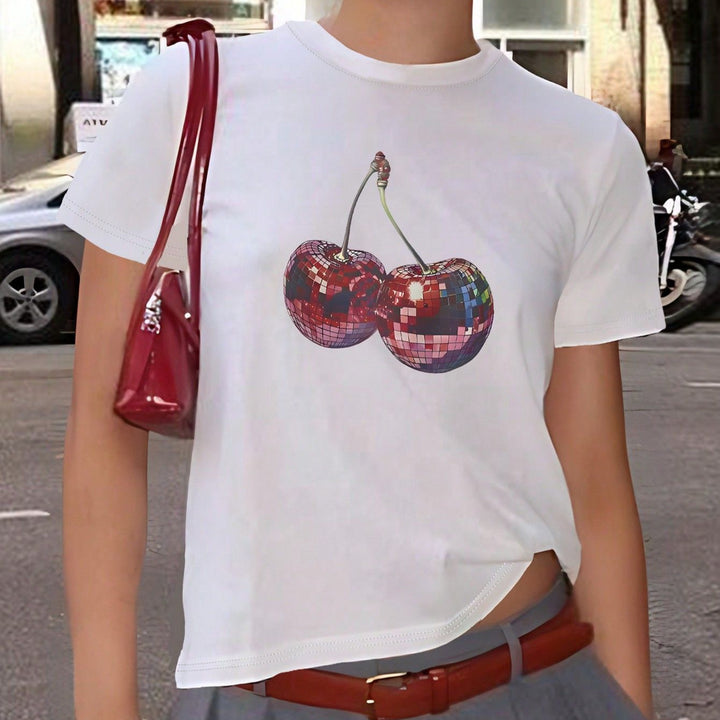 Damen T-shirt med kreativt körsbärsmotiv och glittrande glittringseffekt Mirla-Eva Jonsson