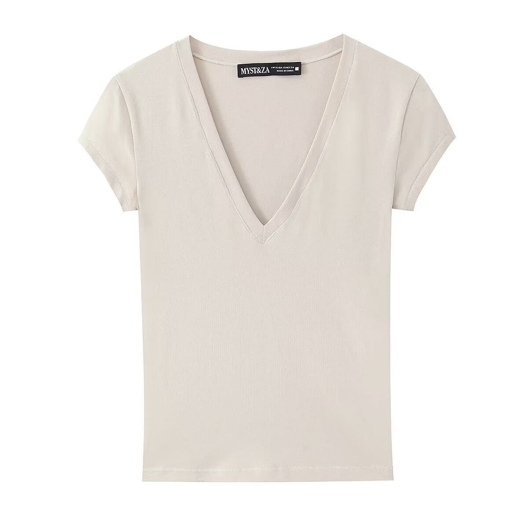 Damen T-shirt med modern V-ringning och bekväm bomullsblandning Mirla-Eva Jonsson