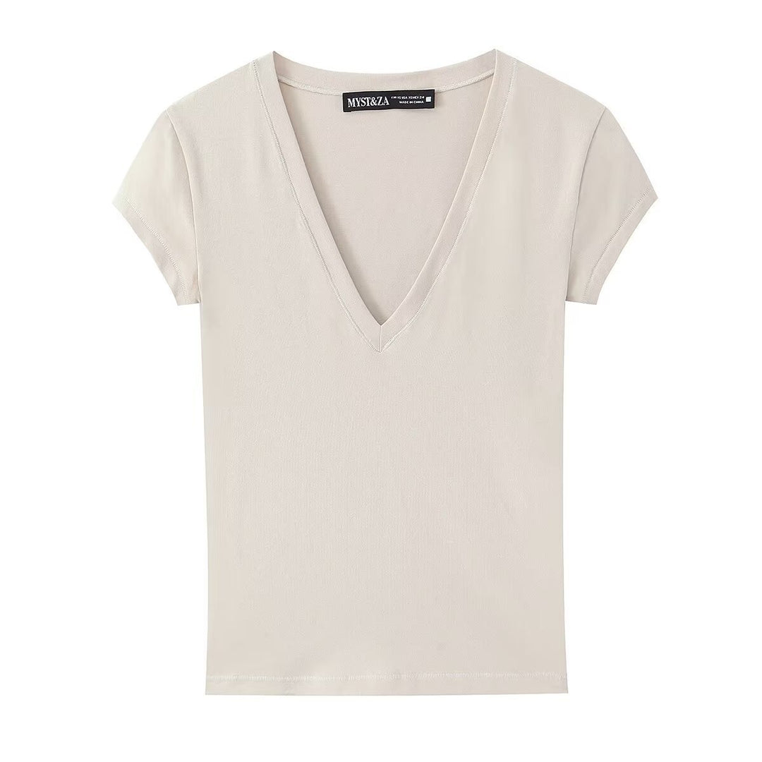 Damen T-shirt med modern V-ringning och bekväm bomullsblandning Mirla-Eva Jonsson