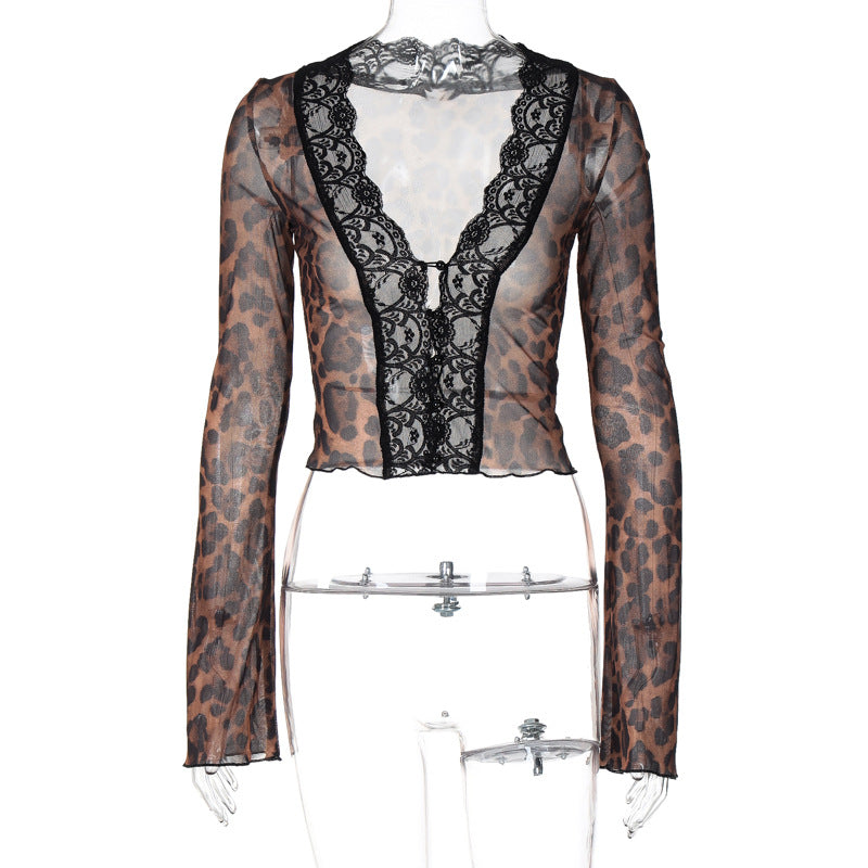 Damen Transparent Lace Blouse with Leopard Pattern Mirla-Eva Jonsson