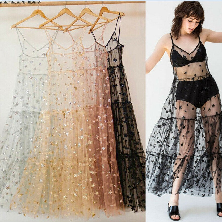 Damen Transparent Maxiklänning i Chiffon med stjärndesign och flerlagad nederkant Mirla-Eva Jonsson