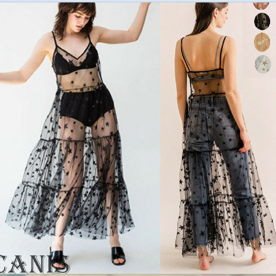 Damen Transparent Maxiklänning i Chiffon med stjärndesign och flerlagad nederkant Mirla-Eva Jonsson