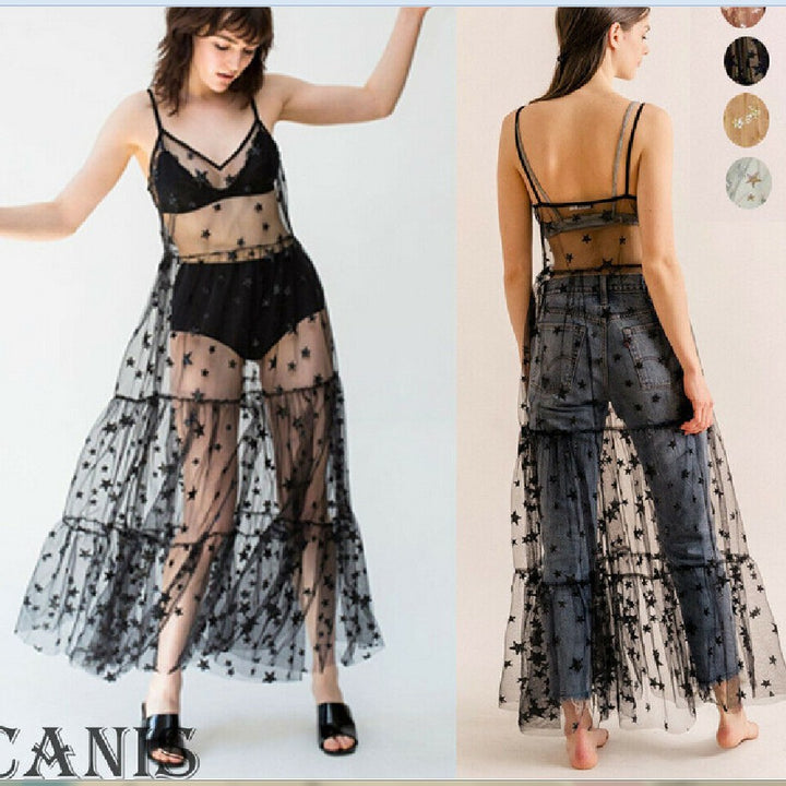 Damen Transparent Maxiklänning i Chiffon med stjärndesign och flerlagad nederkant Mirla-Eva Jonsson