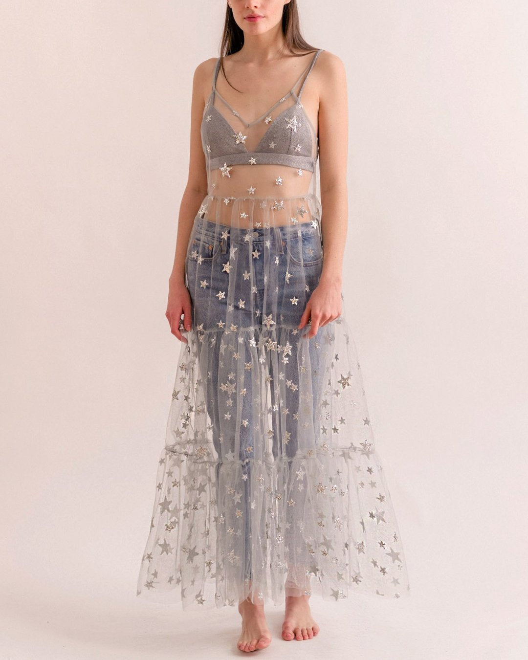 Damen Transparent Maxiklänning i Chiffon med stjärndesign och flerlagad nederkant Mirla-Eva Jonsson