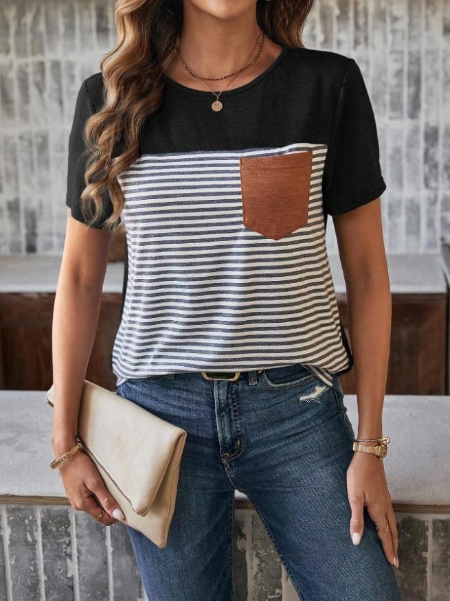 Damen Trendy T-shirt med randigt mönster och läderväska Mirla-Eva Jonsson