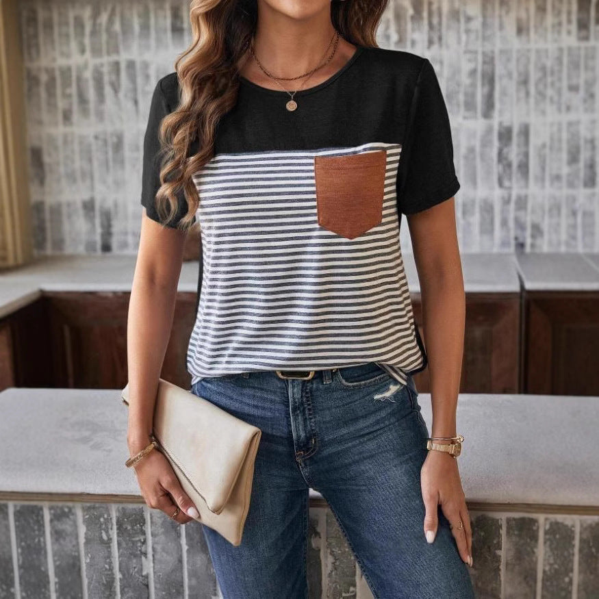 Damen Trendy T-shirt med randigt mönster och läderväska Mirla-Eva Jonsson