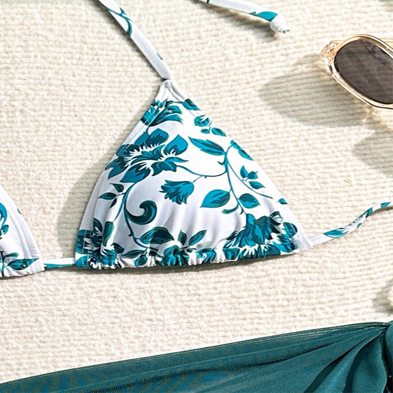Damen Triangle Bikini Set med blommönster och matchande omslagskjol Mirla-Eva Jonsson