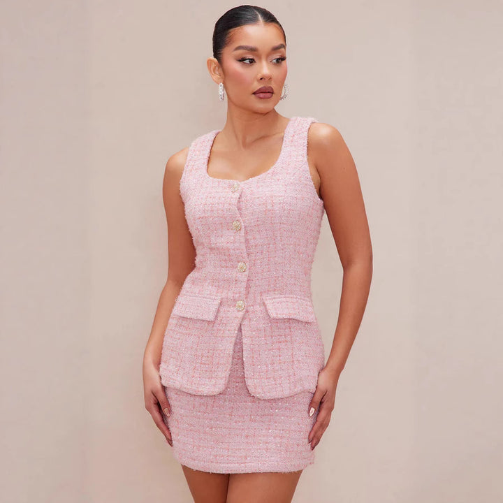 Damen Tweed Mini-Klänning med tidlösa knapppdetaljer och elegant silhuett Mirla-Eva Jonsson