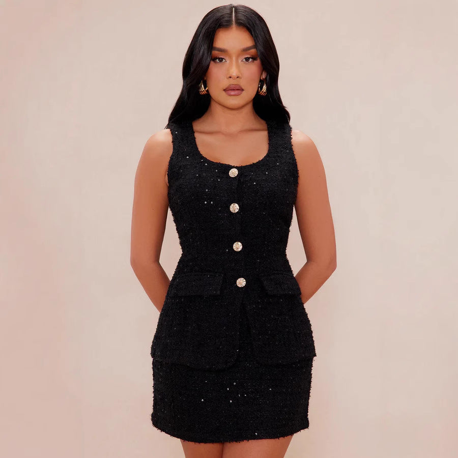 Damen Tweed Mini-Klänning med tidlösa knapppdetaljer och elegant silhuett Mirla-Eva Jonsson