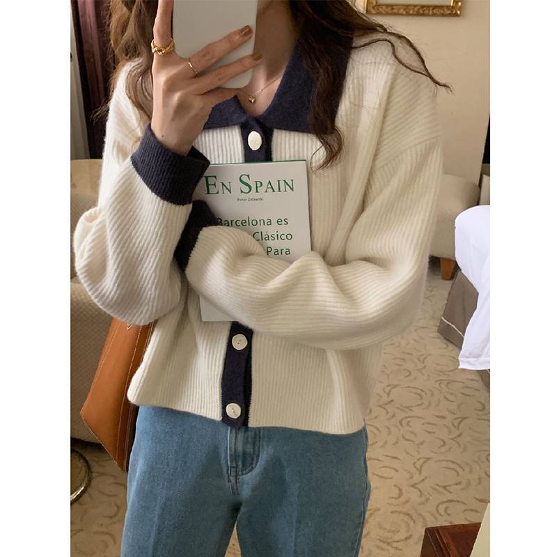 Damen Übergrößen Strickjacke mit kontrastierenden Kragen und Knopfdetail Mirla-Eva Jonsson