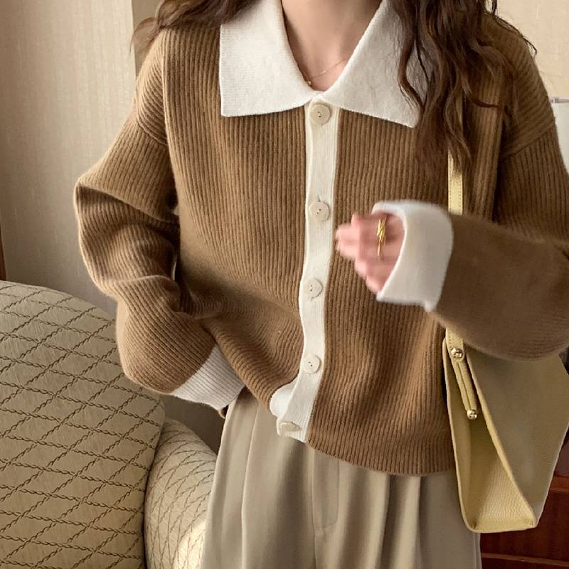 Damen Übergrößen Strickjacke mit kontrastierenden Kragen und Knopfdetail Mirla-Eva Jonsson