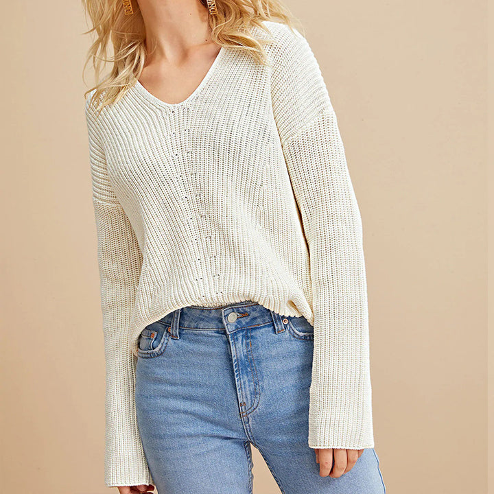 Damen V-Ausschnitt Strickpullover mit lockerer Passform und feinem Netzdesign Mirla-Eva Jonsson