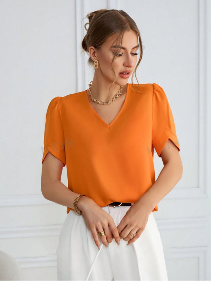 Damen V-Hals Blus med Puffärmar Mirla-Eva Jonsson