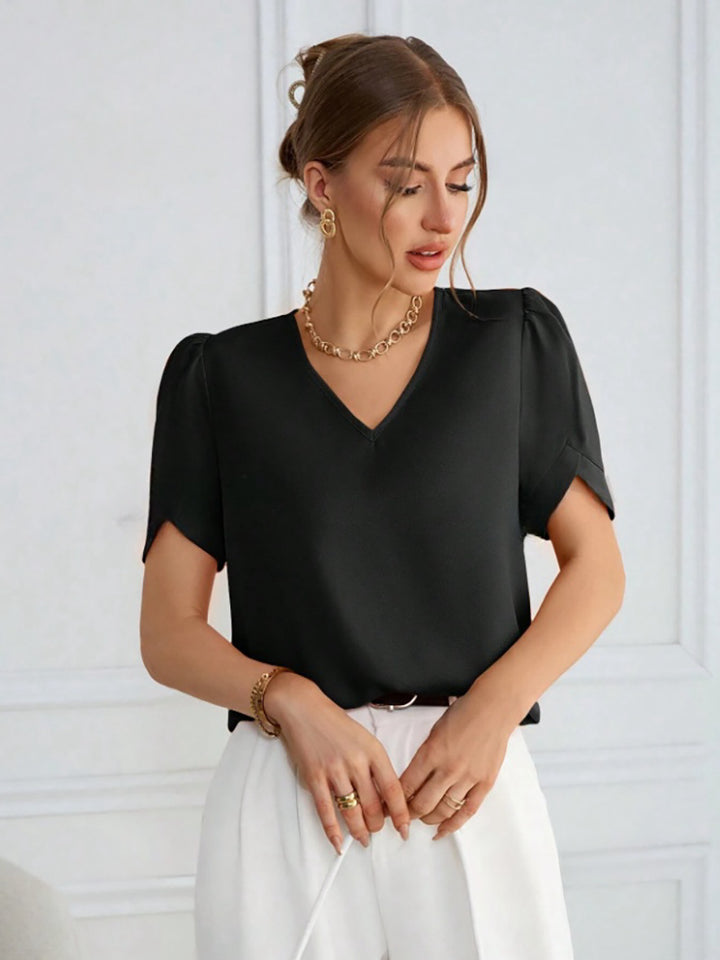Damen V-Hals Blus med Puffärmar Mirla-Eva Jonsson