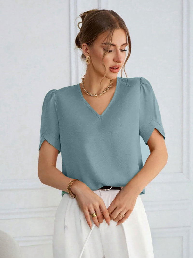 Damen V-Hals Blus med Puffärmar Mirla-Eva Jonsson