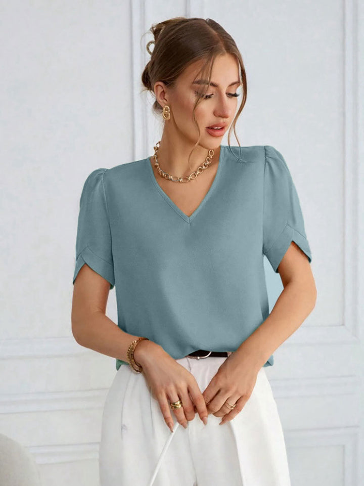 Damen V-Hals Blus med Puffärmar Mirla-Eva Jonsson