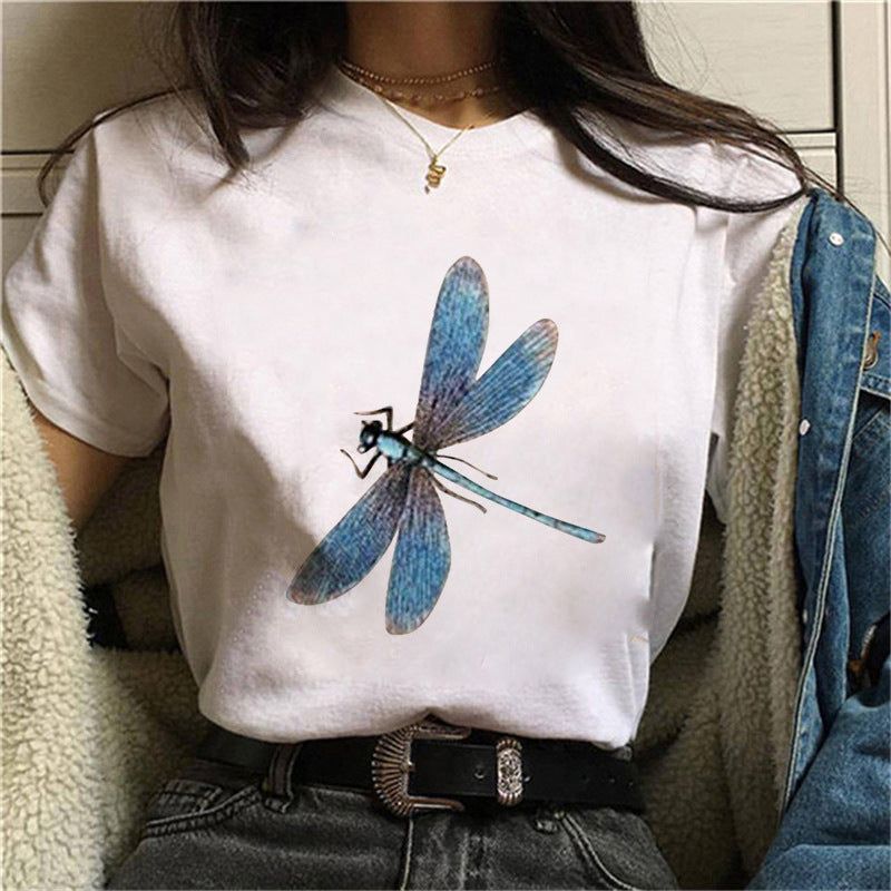 Damen V-hals T-shirt med blommig fjärilstryck Mirla-Eva Jonsson