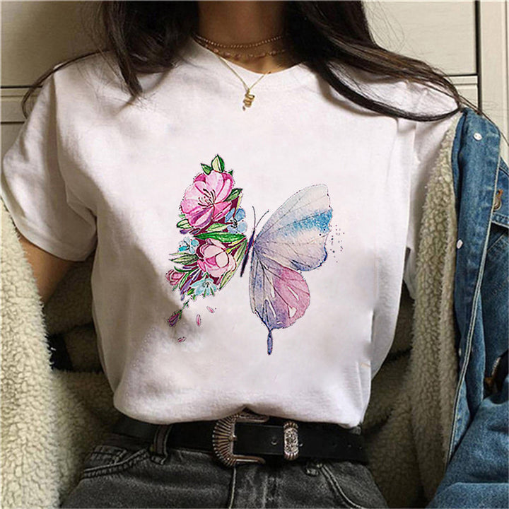 Damen V-hals T-shirt med blommig fjärilstryck Mirla-Eva Jonsson