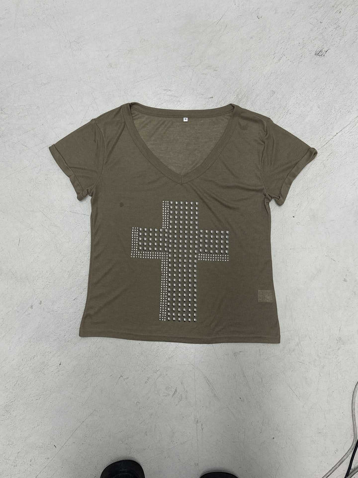 Damen V-hals T-shirt med stiligt nitar-dekor Mirla-Eva Jonsson