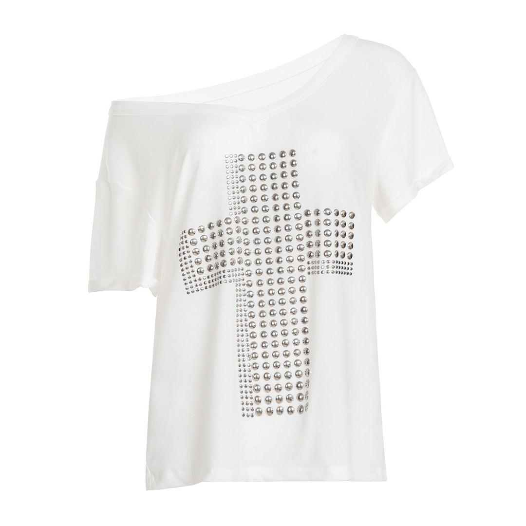 Damen V-hals T-shirt med stiligt nitar-dekor Mirla-Eva Jonsson