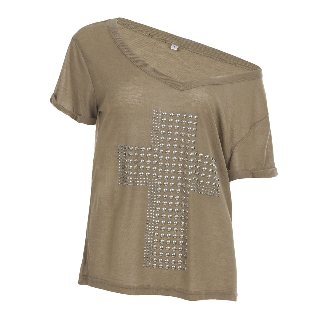 Damen V-hals T-shirt med stiligt nitar-dekor Mirla-Eva Jonsson
