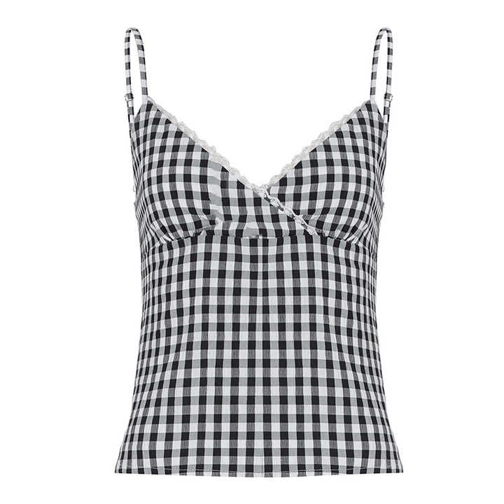 Damen V-hals Vichy-top med spetsdetaljer Mirla-Eva Jonsson