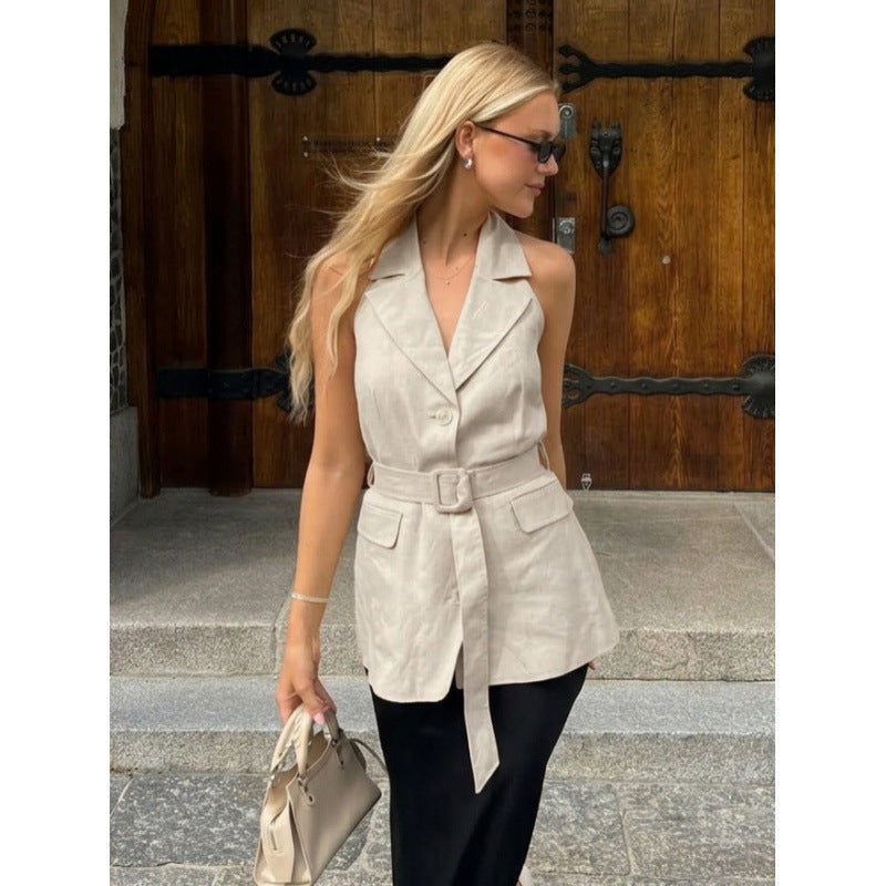 Damen ärmlös Blazer med knytbälte och hög midja Mirla-Eva Jonsson