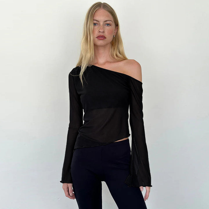 Damen asymmetrisk långärmad tröja med transparenta ärmar och figurnära silhuett Mirla-Eva Jonsson
