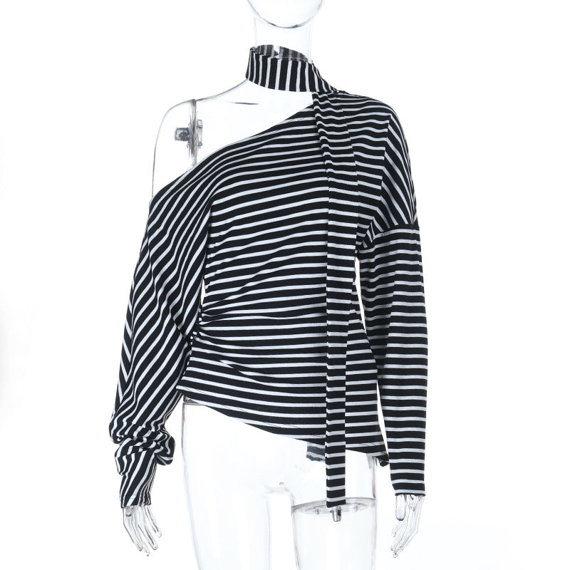 Damen asymmetrisk randigt topp med off-shoulder design och elegant knut Mirla-Eva Jonsson