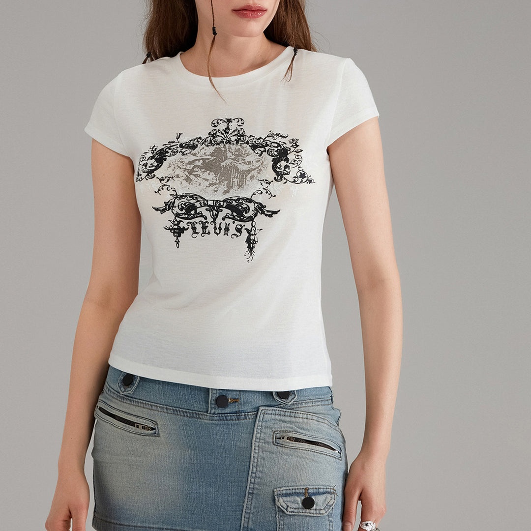 Damen avslappnad grafik-crop-top med rundhals-uttning Mirla-Eva Jonsson