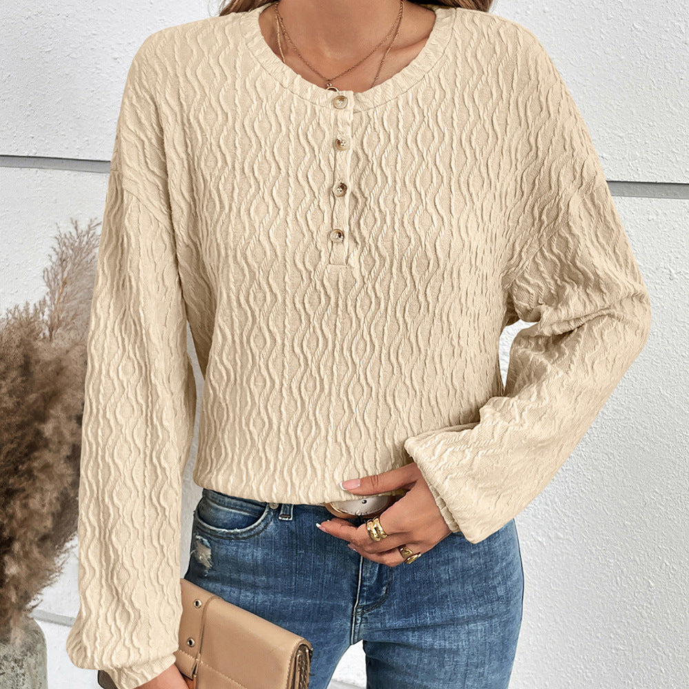 Damen avslappnad långärmad Henley-topp i strukturerat material Eva Jonsson-Eva Jonsson