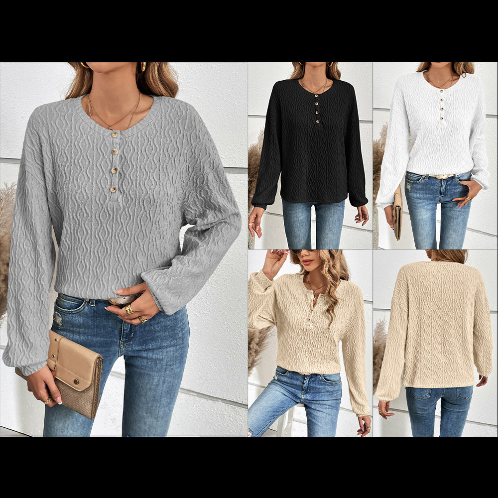 Damen avslappnad långärmad Henley-topp i strukturerat material Eva Jonsson-Eva Jonsson