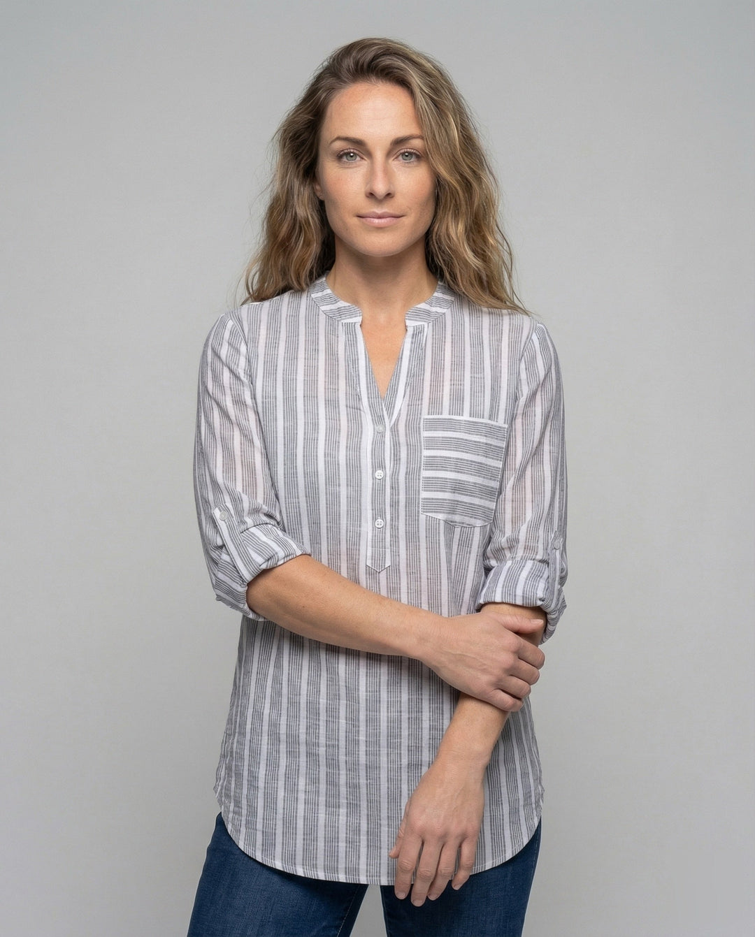 Damen avslappnad randig linne tunika skjorta.-Eva Jonsson