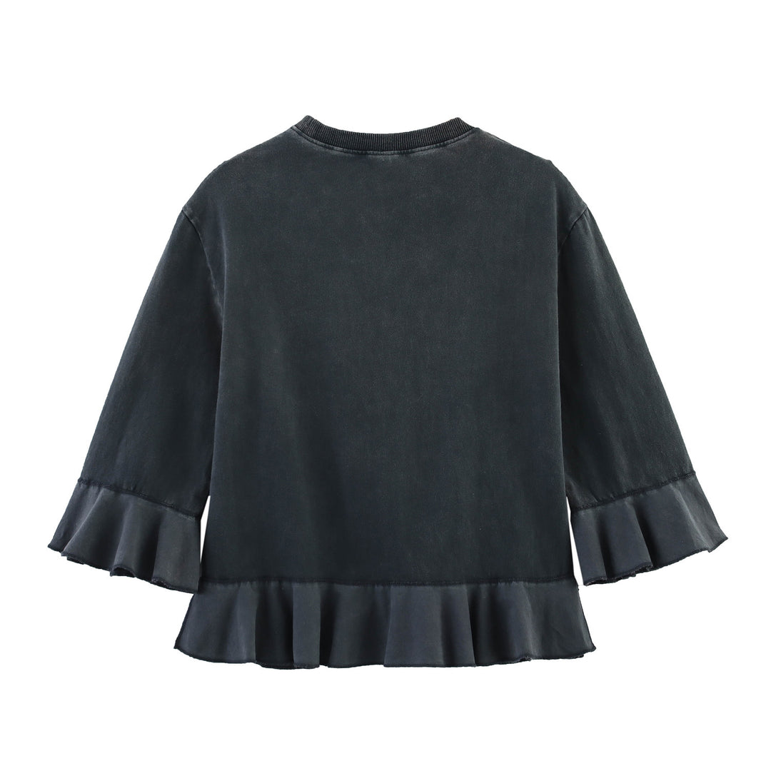 Damen avslappnad t-shirt med flytande volang och rund halsringning Mirla-Eva Jonsson