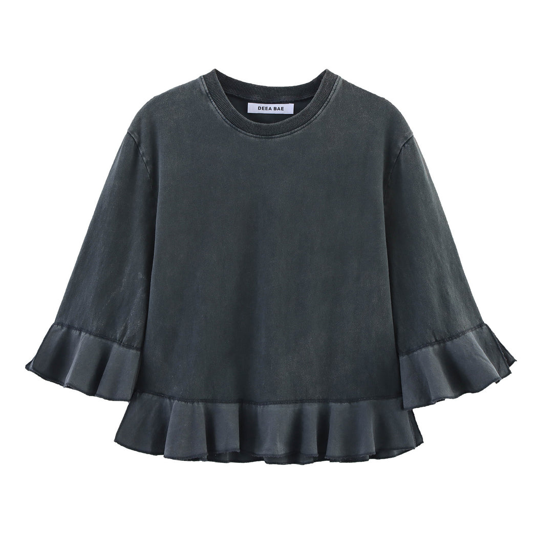 Damen avslappnad t-shirt med flytande volang och rund halsringning Mirla-Eva Jonsson